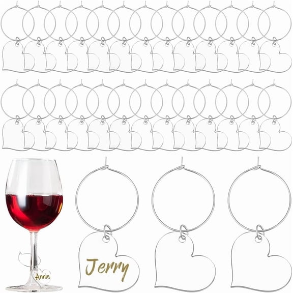 60 Pcs Wine Glass Charms Transparent Acrylic Heart Drink Markers Glass Ring with Brass Hoop Drink Charms Party Decorations for DIY