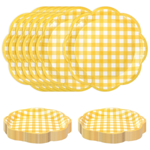 60 Pcs Yellow Gingham Plaid Paper Plates Yellow White Scalloped Checkered Dessert Plates 7 Inch Decorative Disposable Plate for Birthday Shower Party Supplies