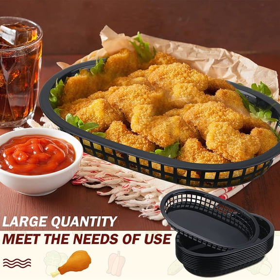 60 Pcs Fast Food Basket for Serving 10.5" x 7" Plastic Oval Retro Storage Basket Plates Bin Food Service Tray for Restaurant Chip Hot Dog Burger Sandwiches Picnic Party (Black)