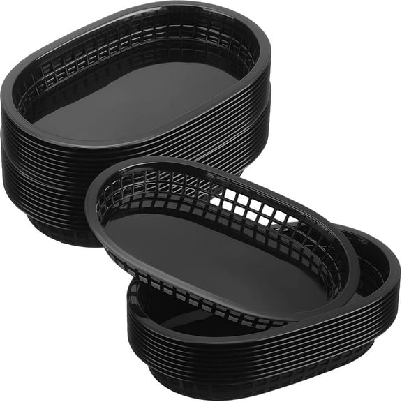 60 Pcs fast food basket for Serving 10.5" x 7" plastic Oval Retro Storage basket plates Bin Food Service Tray for Restaurant Chip Hot Dog Burger Sandwiches Picnic Party(Black)
