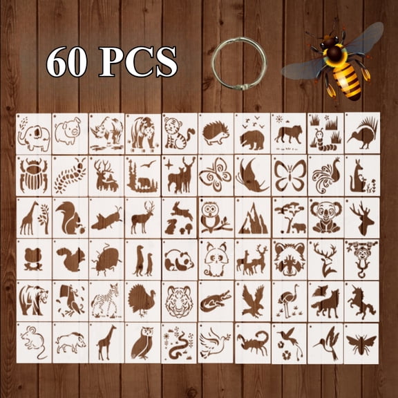 60-Piece Animal Drawing Stencils Set, 3" x 3" (7.62 x 7.62 cm) Reusable PET Hollow Painting Templates for Kids & Adults, DIY Craft Stencils for Wood, Wall, Canvas, Fabric, Scrapbooking, Journaling &