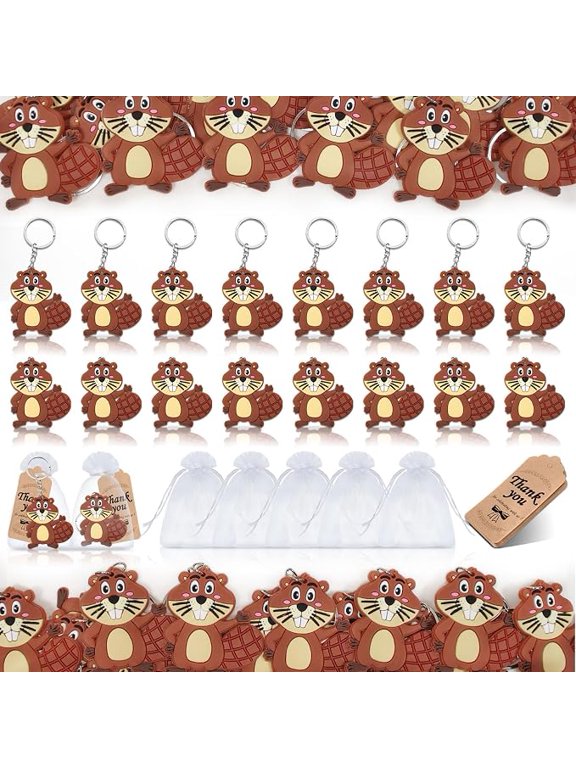 60 Piece Beaver Party Favors with Keychains Thank You Tags and Gift Bags for Safari Jungle Birthday