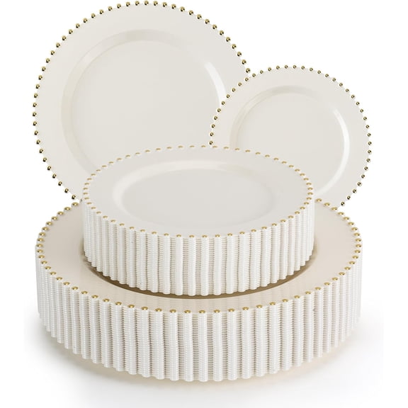 60-Piece Beige Plastic Dinner and Dessert Plates with Gold Rim, 10-Inch and 7-Inch, Disposable Elegant Round Plates for Weddings, Parties, and Afternoon Tea
