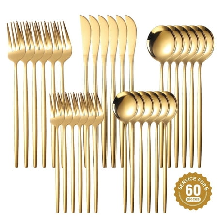 60 Piece Big Gold Silverware Set, Durable Stainless Steel Cutlery Set Service for 6 – Clearance Deal! Mirror Polished Kitchen Utensils Tableware, Knife Fork Spoon Flatware Sets, Suitable for Children