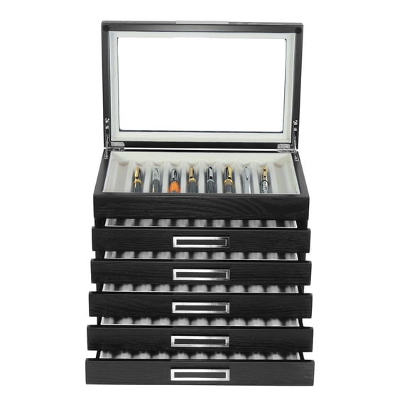60 Piece Black Ebony Wood Six Level Pen Display Case Black Accent Handles with Glass Window