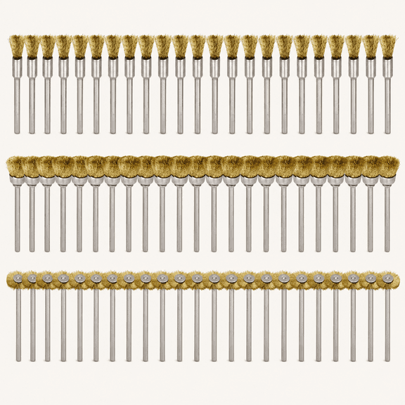 60-Piece Brass Wire Brush Set - Metal Rust Removal, Polishing, Cleaning - 1/8 (3mm) Shaft - Removes Burrs, Dust, and Oxide Layer - Handles Rough Surfaces - Rotary Tool Accessories