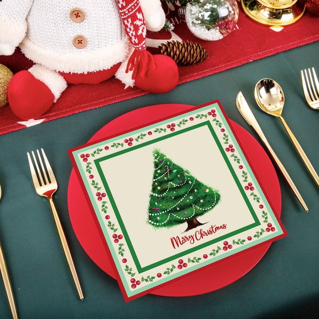 60-Piece Christmas Disposable Dinnerware Set, 9" Dinner Plates 7" Dessert Plates Cups Napkins, White Christmas Tree Party Tableware Kits for Holiday Gatherings, Serve 10