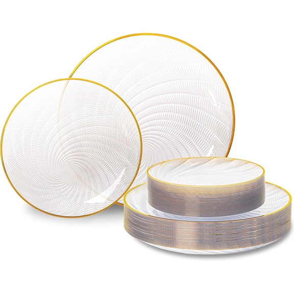 60-Piece Clear Plastic Dinner and Dessert Plates with Gold Spiral Rim Break-Resistant, Reusable, and Disposable for Weddings, Birthdays, and Parties