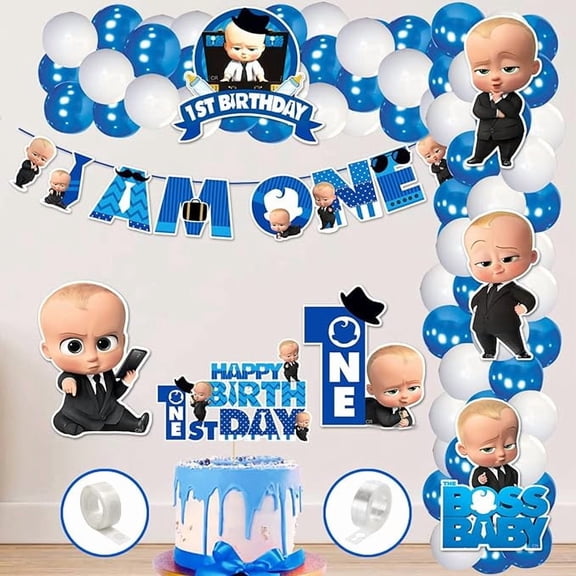 Dcor Enterprises 60 Piece First Baby Boss theme Decoration Paper Banner Cardstock Cake Toppers Balloons Birthday Decoration Kit