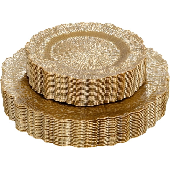 60-Piece Gold Plastic Dinner and Dessert Plates Disposable, BPA Free, Modern Round Design with Scalloped Rim, Glossy Finish