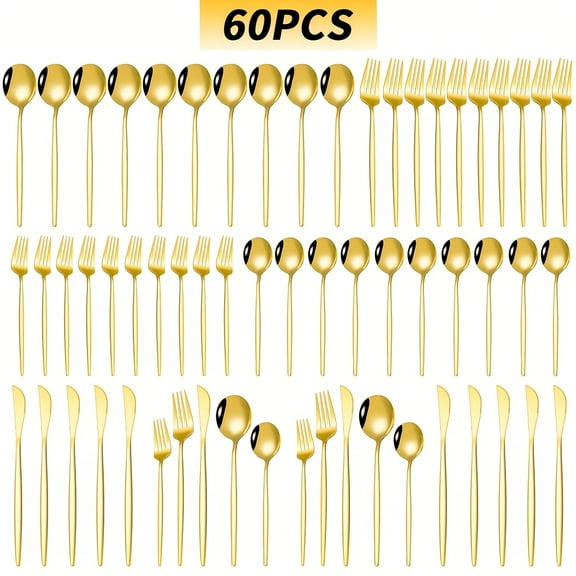 60-Piece Golden Stainless Steel Flatware Set - Service for 12 - Titanium Plated - Dishwasher Safe - Perfect for Weddings & Parties