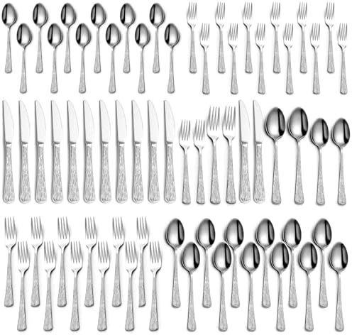 Silverware Pine Tree Pattern 60-Piece Hammered Silverware Set for 12, Stainless Steel Flatware Set ...