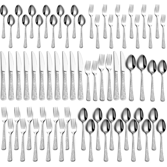 60-Piece Hammered Silverware Set for 12, Stainless Steel Flatware Set with Tree Pattern Handles, Mirror Polished Cutlery/Utensils Set for Home, Restaurant, Hotel, Dishwasher safe
