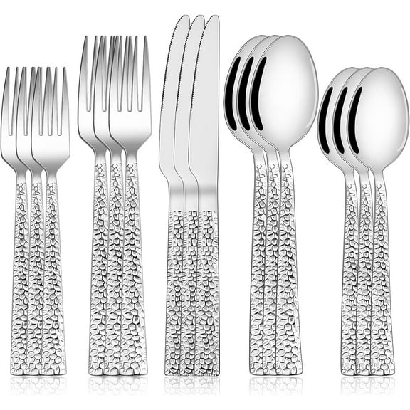 60-Piece Hammered Silverware Set, Stainless Steel Square Flatware Set for 12, Food-Grade Tableware Cutlery Set, Utensil Sets for Home Restaurant, Mirror Finish, Dishwasher Safe