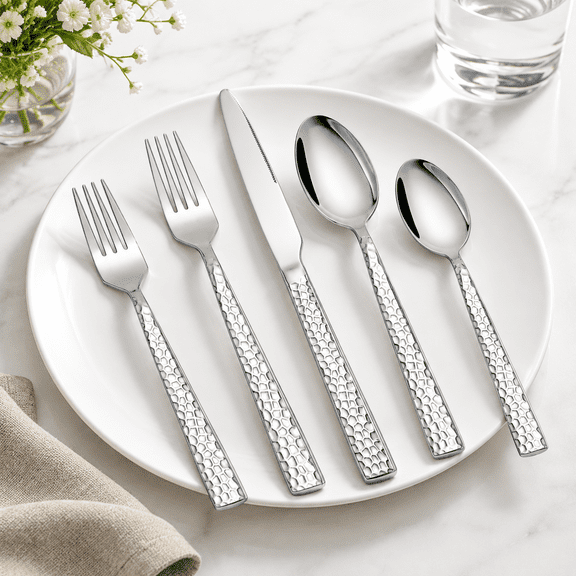 60 Piece Hammered Stainless Steel Flatware Set for 12, Mirror Finished Cutlery