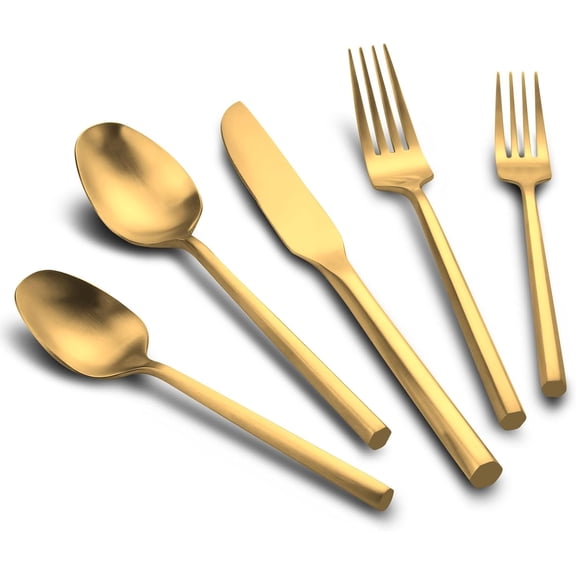 60-Piece Matte Gold Silverware Set, Hand Forged Utensil, Stainless Steel Flatware Set, Hexagon Handle Cutlery Set for Home Hotel Use, Service for 12