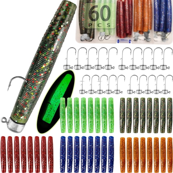 60-Piece Ned Rig Fishing Lure Kit with Soft Plastic Worms and Jig Heads for Freshwater and Saltwater