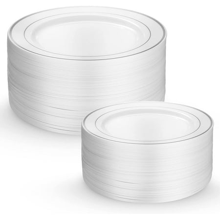 60 Piece Plastic Wedding Party Plates White Silver Rim, 30 Premium 10.25 Inch Dinner Plates and 30 Disposable 7.5 Inch Dessert Appetizer Elegant Fancy Heavy Duty