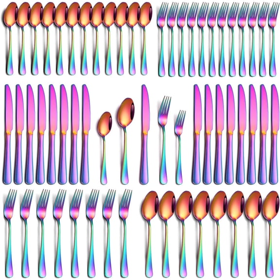 60 Piece Rainbow Silverware Set, Stainless Steel Flatware Set for 12 Colorful Cutlery Utensil Set Include Knife Fork Spoon Food Grade Mirror Polished Dishwasher Safe