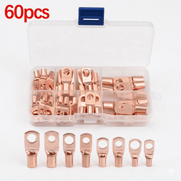 60-Piece SC Tinned Copper Lug Kit, Heavy Duty Ring Terminal Connectors for Bare Cable, 8 Sizes Assorted Electrical Crimp Terminals for Automotive, Marine, and Battery Wiring