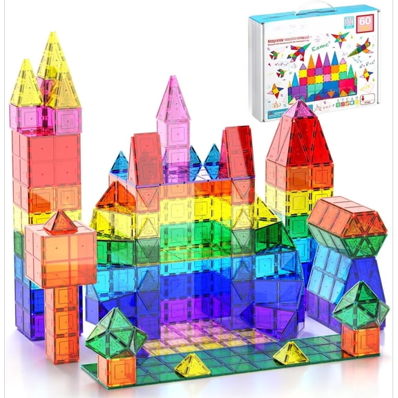 60 Piece Set 60pcs Magnet Building Tiles Clear Magnetic 3D Blocks Construction Playboards - Creativity Beyond Imagination, Inspirational, Recreational, Educational, Conventional