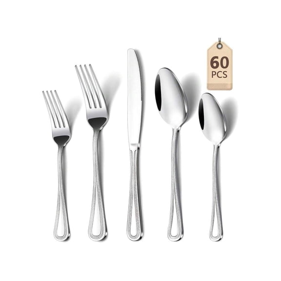 60 Piece Silverware Set 12, Pearl Decorated Stainless Steel Tableware Set, Highly Mirrored Tableware Including Fork, Spoon, Knife Silverware, Kitchen Utensils Set, Dishwasher Safe