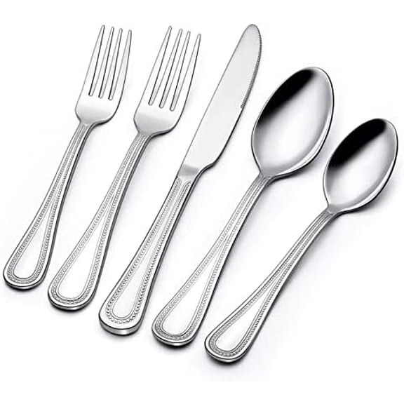 60-Piece Silverware Set for 12, Stainless Steel Flatware, Mirror Polished Cutlery Set, Utensils Include Spoons, Forks, Knives for Home, Restaurant, Beaded Handle, Dishwasher Safe