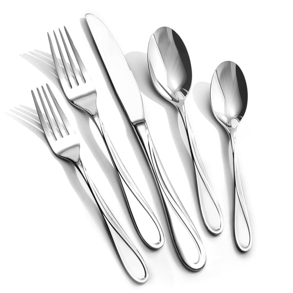 60-Piece Silverware Set for 12, Stainless Steel Flatware Set with Grooved Handles, Mirror Polished, Dishwasher Safe