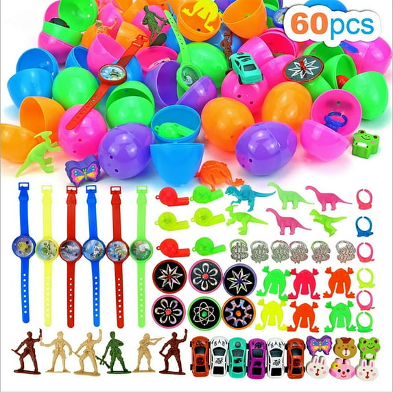 60-Piece Surprise Eggs Set with Mini Toys - Easter Egg Hunt, Birthday Party Favors, Klds Fun Game for B0ys & Toddlers, Assorted Mini Cars, Animals, Rings, Safe Plastic Toys for ChiIdren Ages 5+