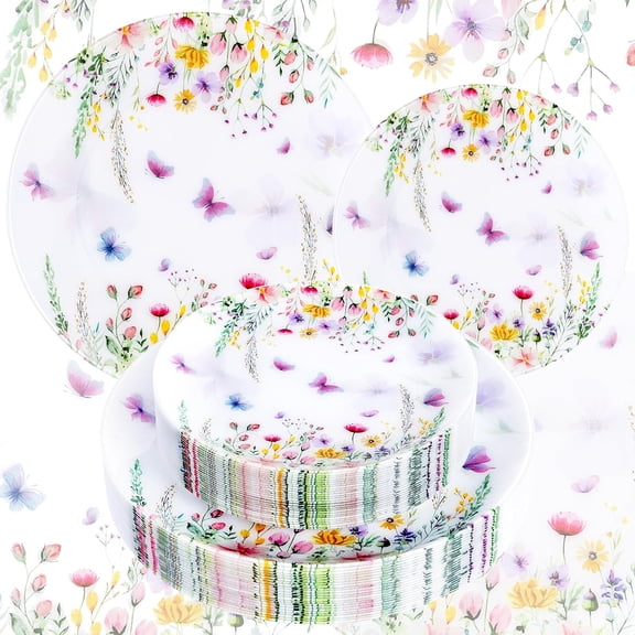60 Piece Wildflower Disposable Plate Set Rustic Floral Style 30 Dinner and 30 Dessert Plates