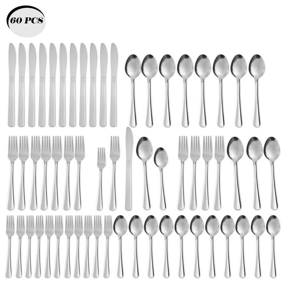 60-Piece Windsor Stainless Steel Flatware Set for 12, Elegant Silverware Set with Dinner & Salad Forks, Spoons, and Knives, Dishwasher Safe
