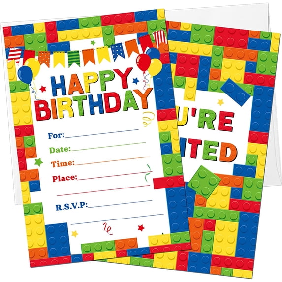 60 Pieces 30 Pack Birthday Party Invitations with Envelopes Bulk Colorful Building Block Party Invitation Kids Stacking Bricks Invite Card Set for Girls Boy Decorations Supplies (Building Block)