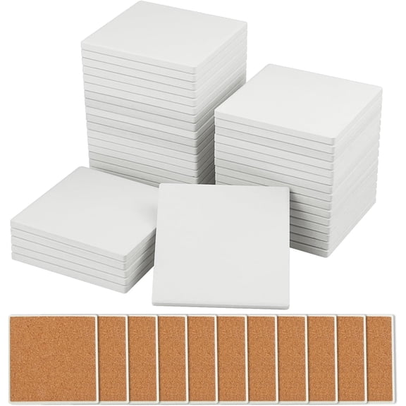 60 Pieces 4 Inch Square Blank Unglazed Ceramic Coasters with Cork Backing