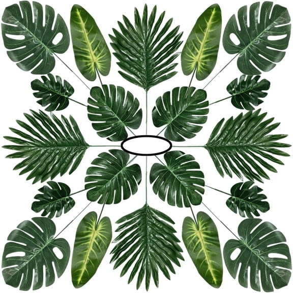 60 Pieces 5 Kinds Artificial Palm Leaves with Faux Stem, Tropical Party Decorations Jungle Monstera Leaves Safari Leaves for Hawaiian Luau Party Jungle Beach Table Leave Decorations