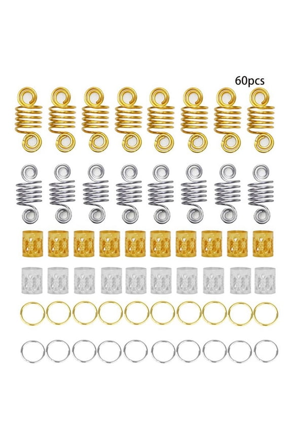 60 Pieces Alloy Hair Coil Dreadlocks Braid Rings Metal Cuffs Gold Silver Twisted
