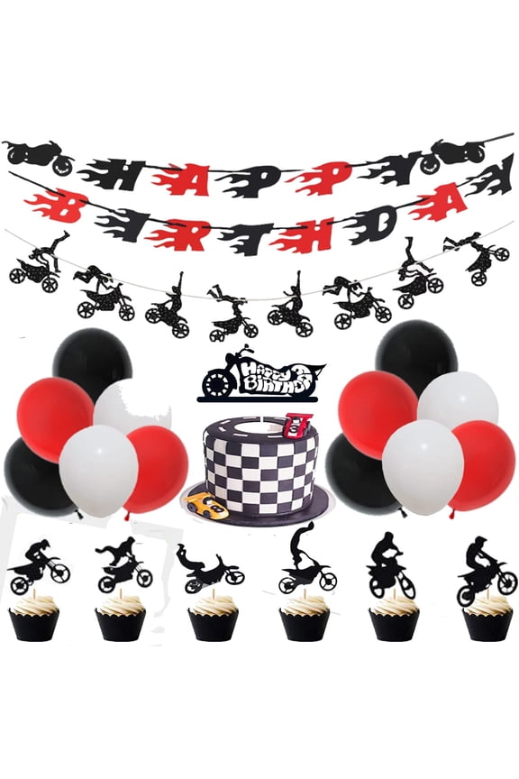 60 Pieces Dirt Bike Birthday Decoration Dirt Bike Party Supplies Banner Cake Cupcake Topper for Motocross Themed Birthday Party Man or Boy Riding Room Wall Decoration Motorcycle Birthday Decoration
