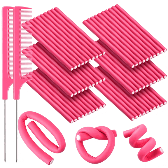 60 Pieces Flexible Curling Rods Hair Curlers Rollers Twist Flexi No Heat Rods Rollers for Long Short Hair Women 0.3 x 7 Inch, Pink