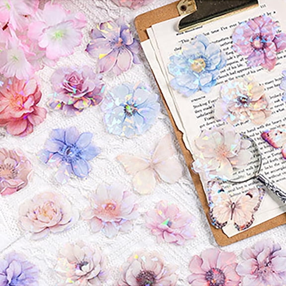 60 Pieces Glitter Shiny Flower Stickers for Journaling, Waterproof Decorative Decal for Scrapbooking Supplies Journal Planners Art Crafts Photo Album Decor