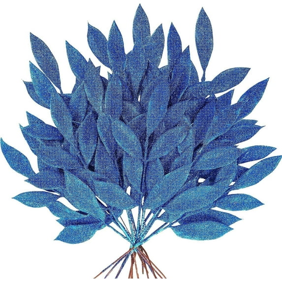 20 Pieces Glittered Artificial Leaf Spray Picks 13" Tall for Christmas Winter Wedding Wreath Tree Floral Arrangment Vase Bouquets Table Centerpieces Decoration (Blue)