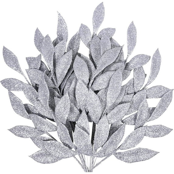 60 Pieces Glittered Artificial Leaf Spray Picks 13" Tall for Christmas Winter Wedding Wreath Tree Floral Arrangment Vase Bouquets Table Centerpieces Decoration (Silver)