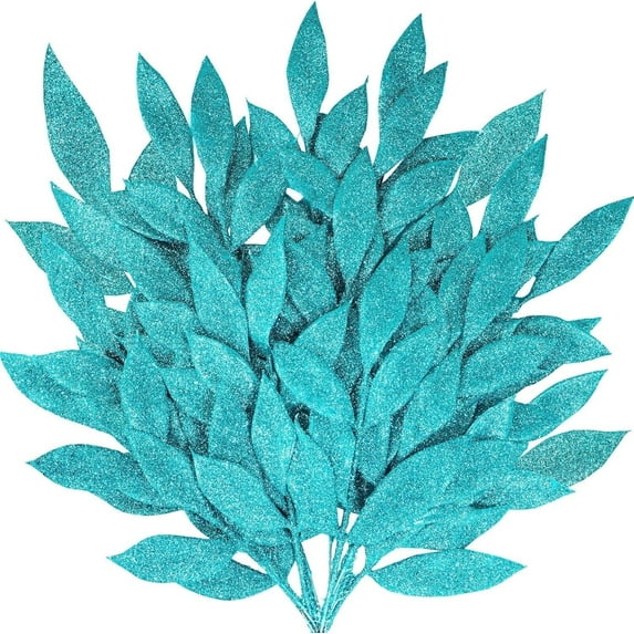 60 Pieces Glittered Artificial Leaf Spray Picks 13" Tall for Christmas Winter Wedding Wreath Tree Floral Arrangment Vase Bouquets Table Centerpieces Decoration (Teal)