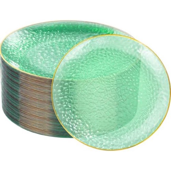 60 Pieces Green Gold Plastic Plates - 10 inch Green Plastic Dinner Plates - Hammer Pattern Design - Fancy Disposable Plates Ideal for Wedding & Party