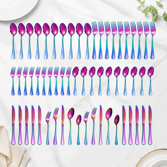 60 Pieces Rainbow Stainless Steel Flatware Set for 12, Titanium Plated Cutlery with Knife Fork Spoon, Dishwasher Safe Kitchen Utensils and Tableware Set