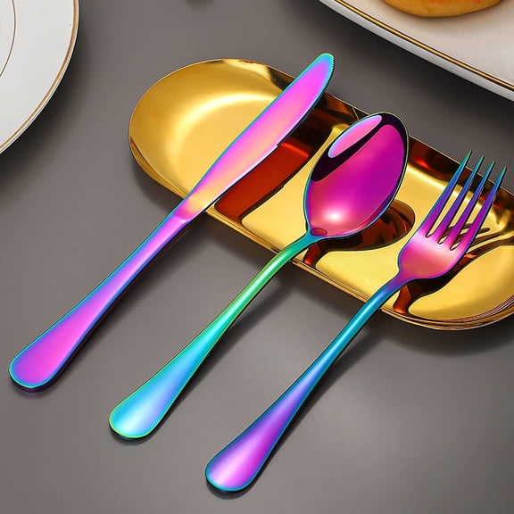 60 Pieces Rainbow Stainless Steel Flatware Set for 12 - Plated Colorful Cutlery Set with Knives Forks Spoons - Dishwasher Safe Kitchen Tableware