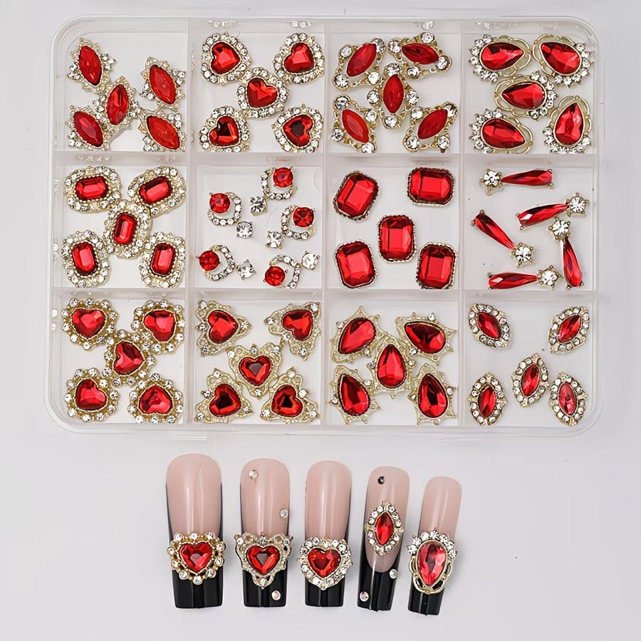 60 Pieces Red and Gold Heart Shape Nail Art Accessories, Luxury Alloy Three-Dimensional Rhinestone Patch, Women's DIY Nail Art Jewelry Accessories