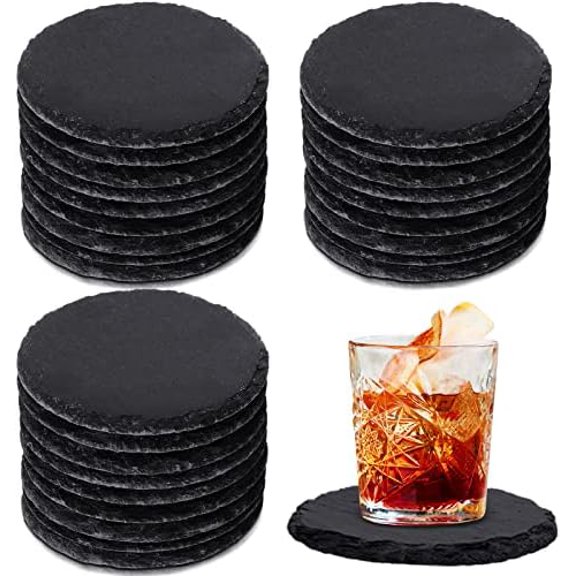60 Pieces Slate Drink Coasters, 4 x 4 Inch Black Round Stone Slate Coaster Set Laser Engraving Blanks with Anti Scratch Bottom for Home Office Drink Table$$Home Decor, Kitchen, & Other