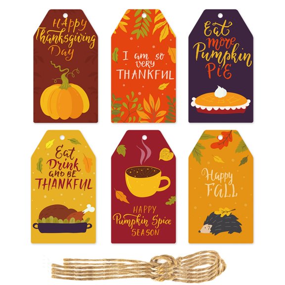 60 Pieces Thanksgiving Autumn Gift Tags, Happy Thanksgiving Day Label Tags with String for Harvest Party Supplies,Pumpkin Maple Leaves Paper Hanging Tags for Fall Harvest Themed Party
