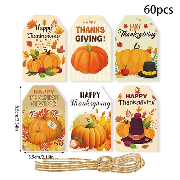 60 Pieces Thanksgiving Autumn Gift Tags, Happy Thanksgiving Day Label Tags with String for Harvest Party Supplies,Pumpkin Maple Leaves Paper Hanging Tags for Fall Harvest Themed Party