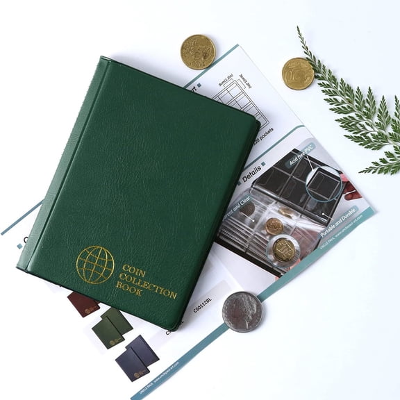 60 Pockets Coin Album Sheets Mixed Sizes Coin Holder Collecting Grid for Pounds Pence Cents-Green