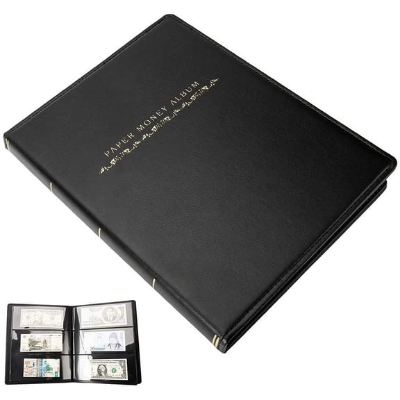 60 Pockets Currency Collection Holder Paper Money Album Books Banknote Pocket Holder Durable Leather,Black